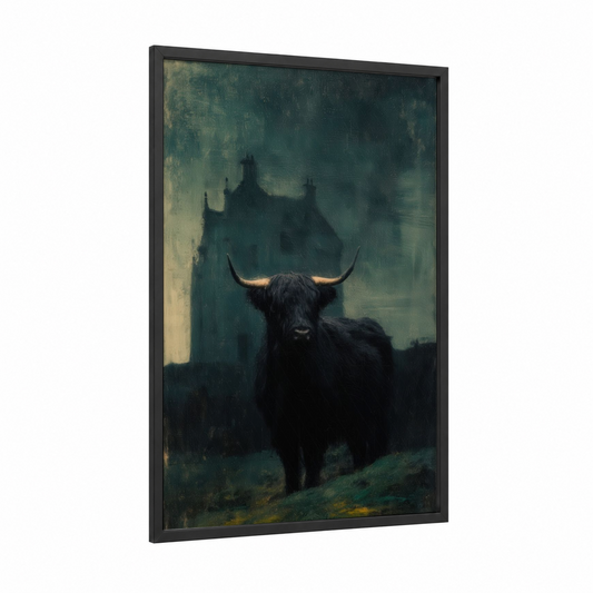 Moody Highland Cattle framed highland cow print — black wood frame — dove gray and dark green palette