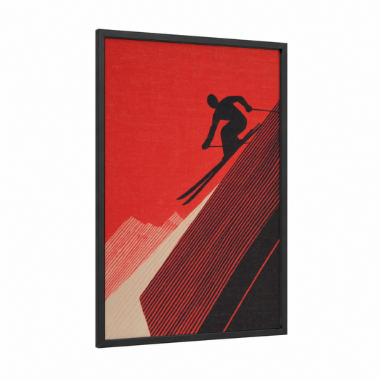 Alpine Descent Skier framed skiing print — black wood frame — red and black palette