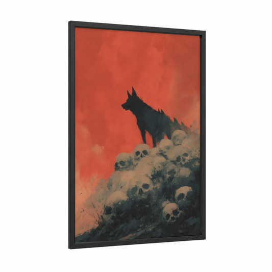 Crimson Cerberus framed art print — black wood frame — red and black palette