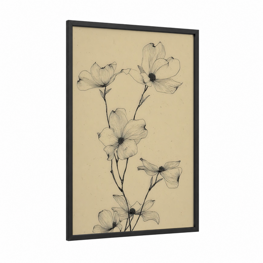 Delicate Dogwood Branch framed art print — black wood frame — cream and black and white palette