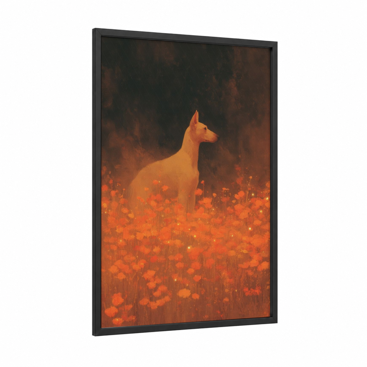 Fiery Spirit Dog framed dia de los muertos print — black wood frame — orange and gold palette