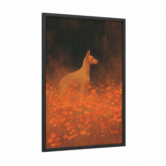 Fiery Spirit Dog framed dia de los muertos print — black wood frame — orange and gold palette