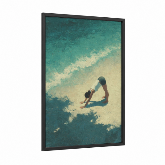 Beachside Yoga framed art print — black wood frame — turquoise and cream palette