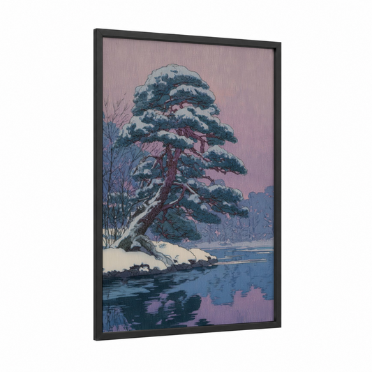 Snowy Cedar Lakeside framed cedar tree print — black wood frame — blue and lavender palette