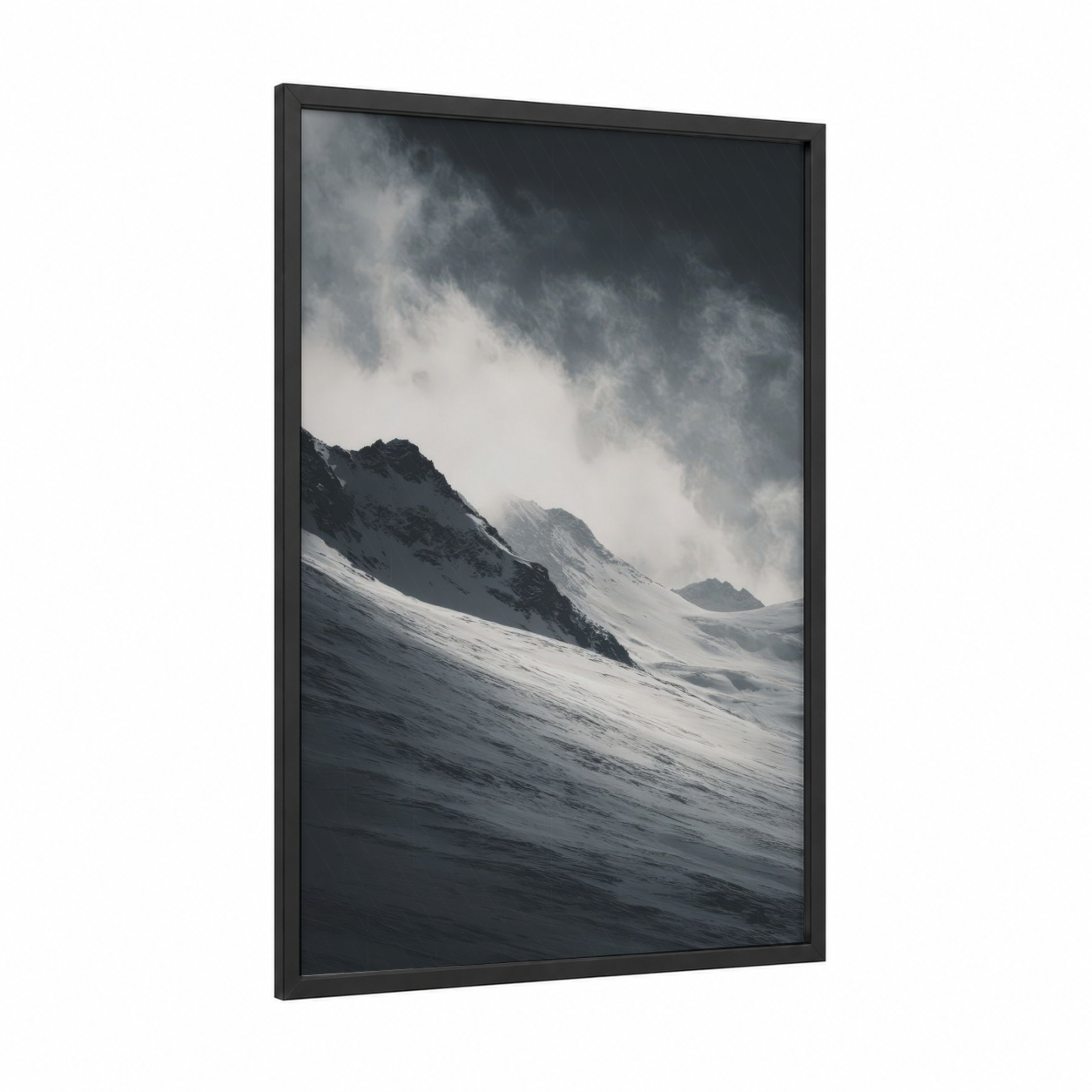 Stormy Glacier framed art print — black wood frame — gray and white palette