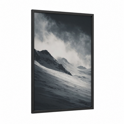 Stormy Glacier framed art print — black wood frame — gray and white palette