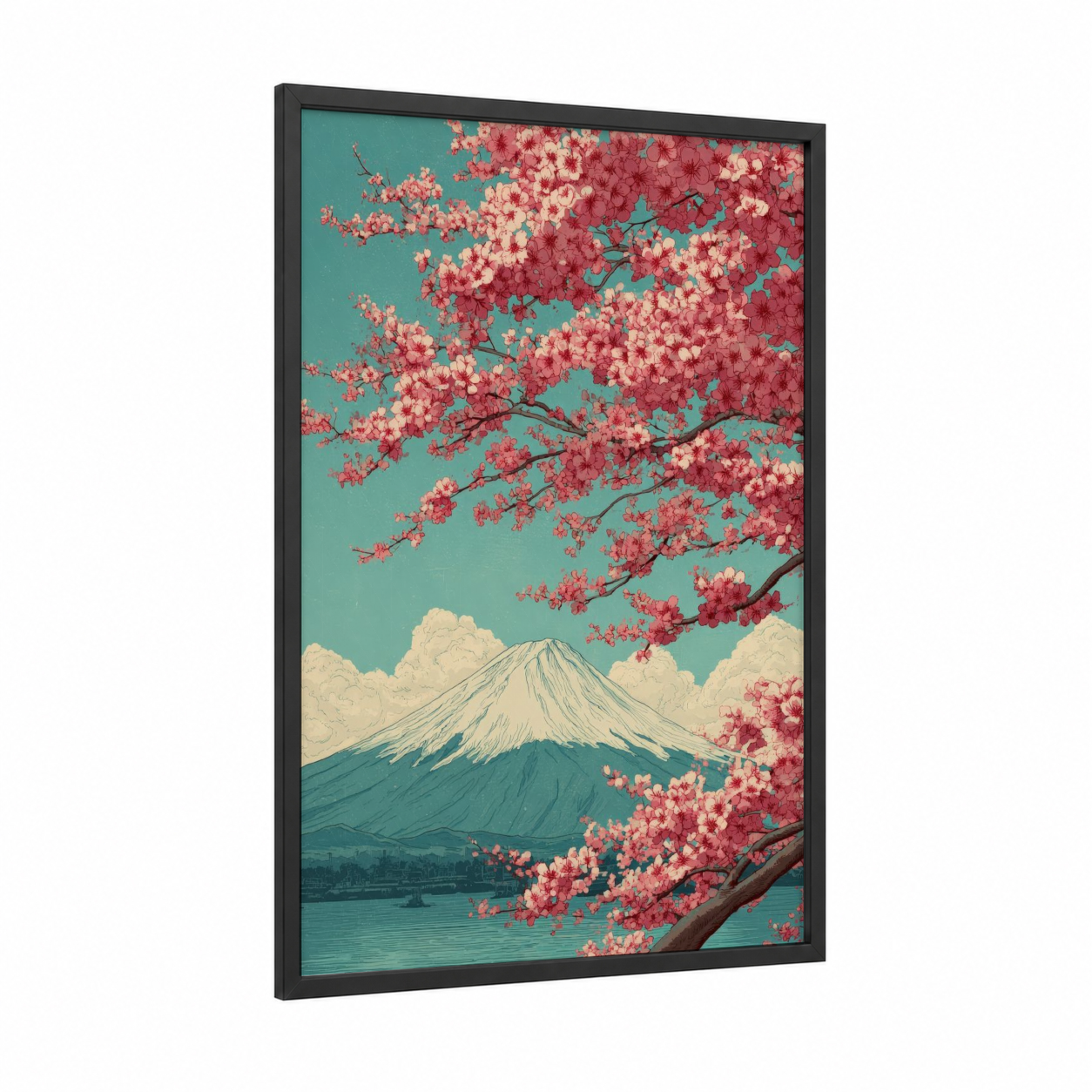 Sakura Mountain View framed cherry blossoms print — black wood frame — teal and salmon pink palette