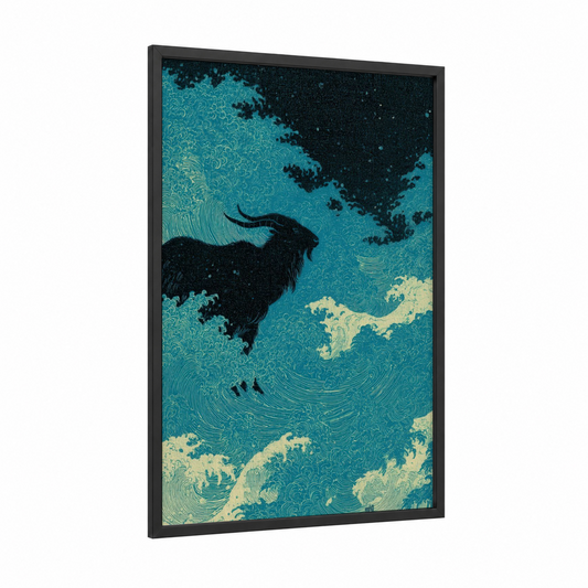 Cosmic Yak framed space print — black wood frame — turquoise and cream palette