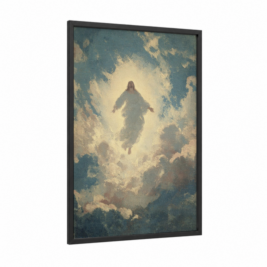 Ascension Light framed jesus christ print — black wood frame — cream and dark blue palette