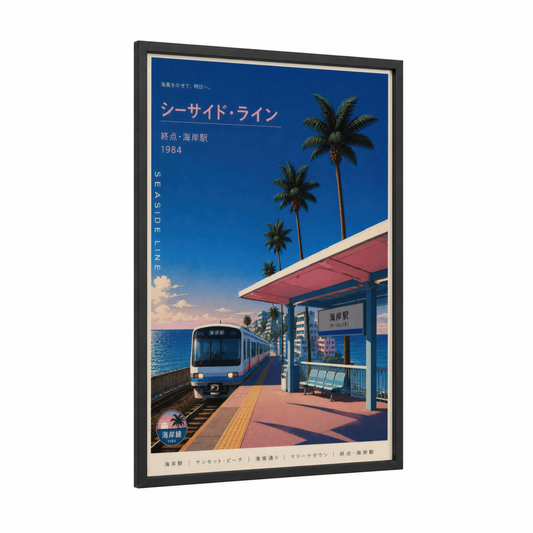 Japanese Seaside Train Station Wall Art framed palm tree print — black wood frame — blue and peach palette