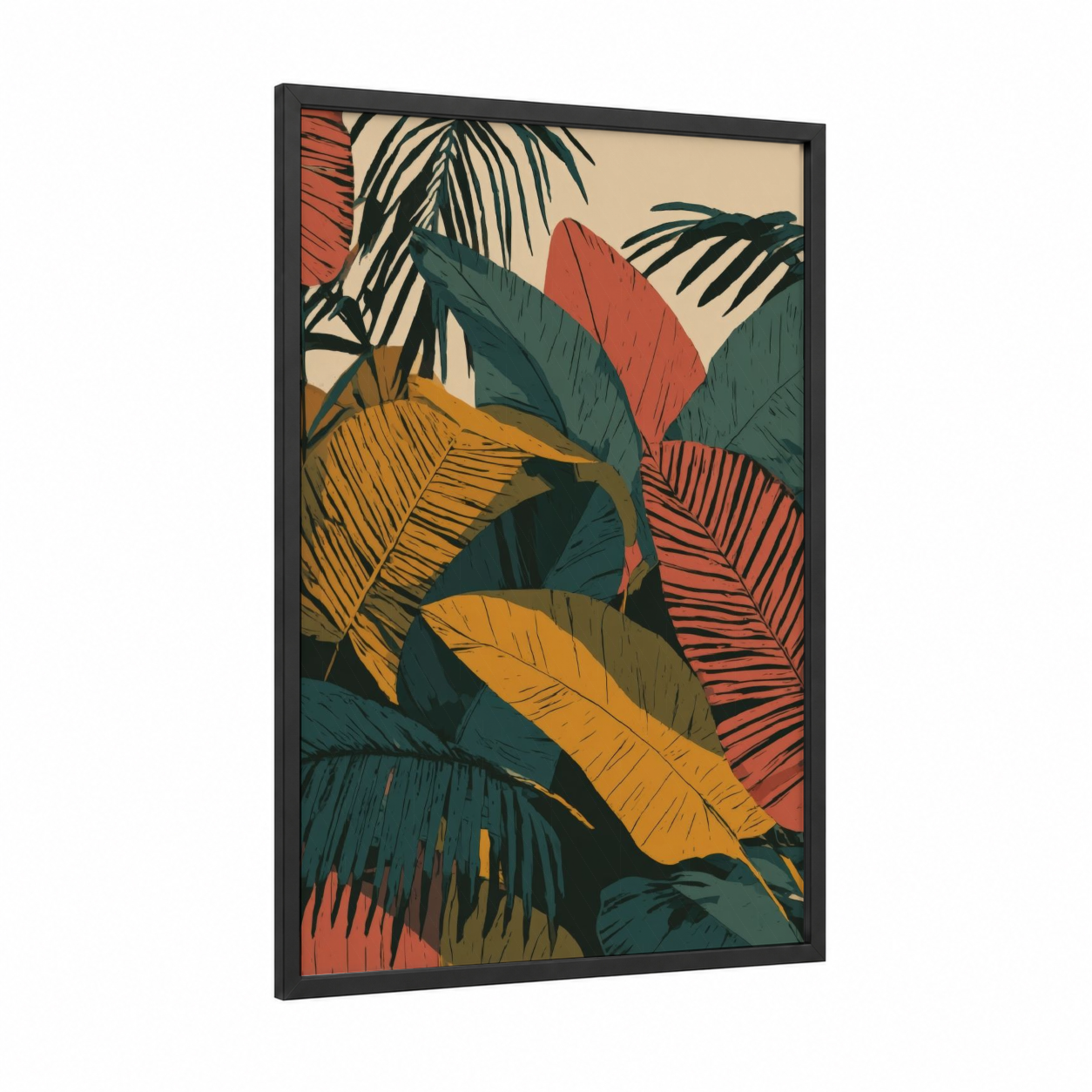 Tropical Palm Layers framed palm forest print — black wood frame — gold and dark green palette