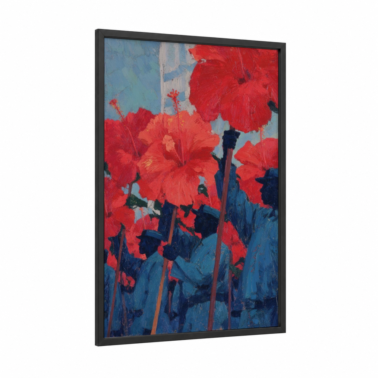Crimson Juneteenth framed art print — black wood frame — red and dark blue palette