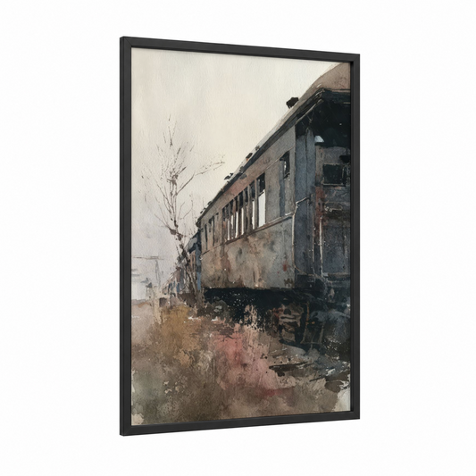 Abandoned Train framed art print — black wood frame — gray and russet palette