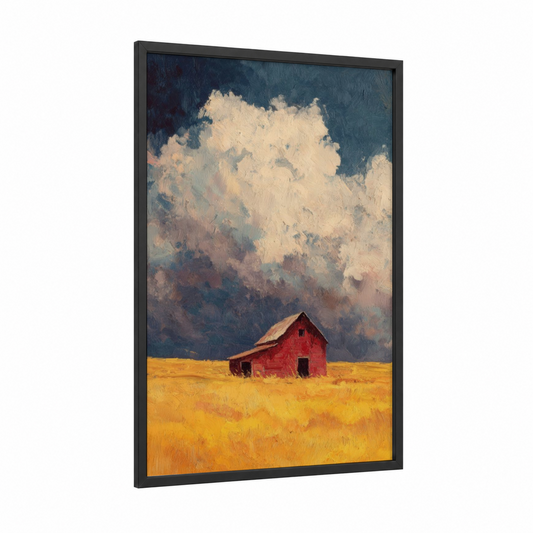 Red Barn Solitude framed art print — black wood frame — red and gold palette