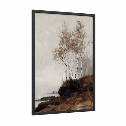Riverside Birch framed birch tree print — black wood frame — cream and dove gray palette