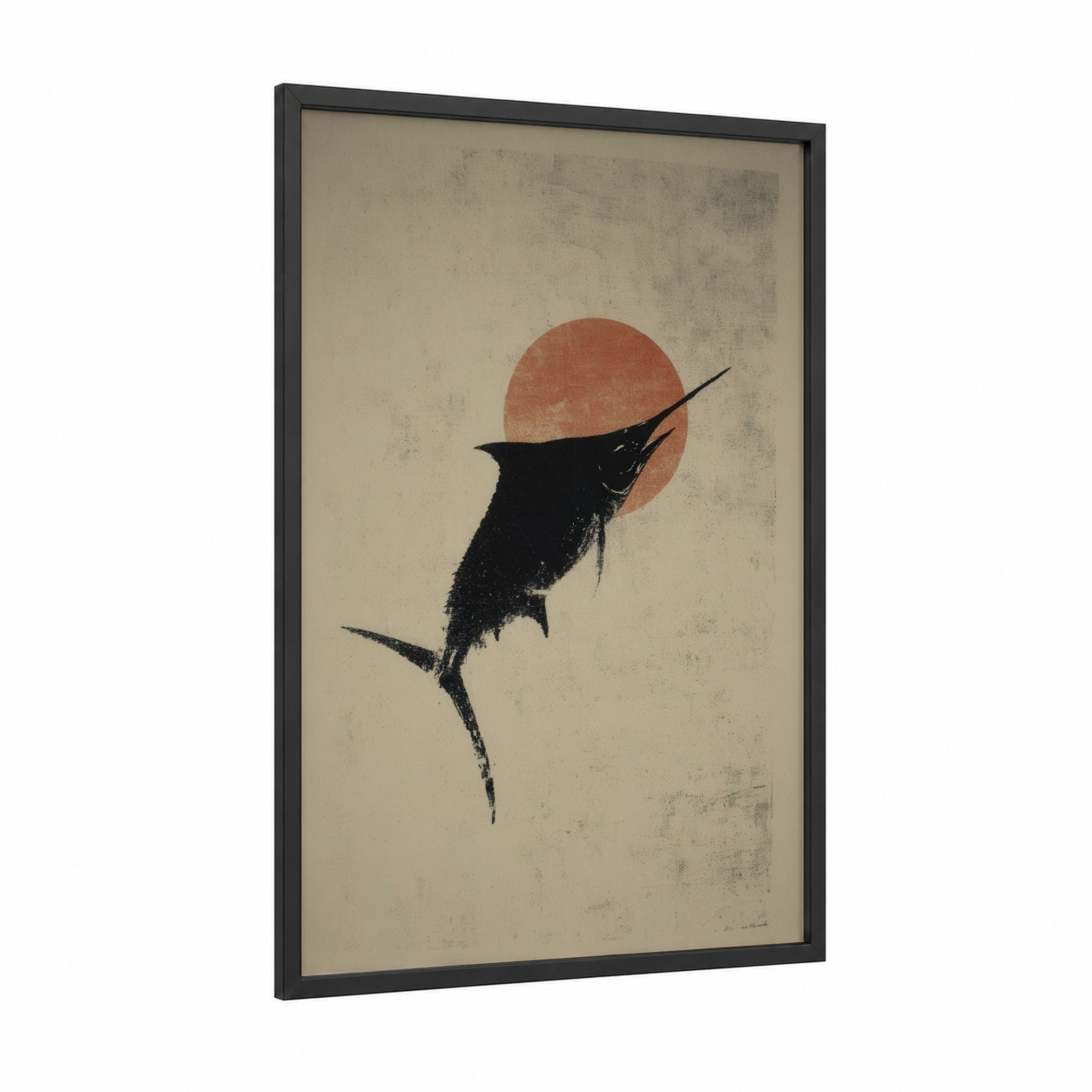 Leaping Marlin framed art print — black wood frame — cream and russet palette