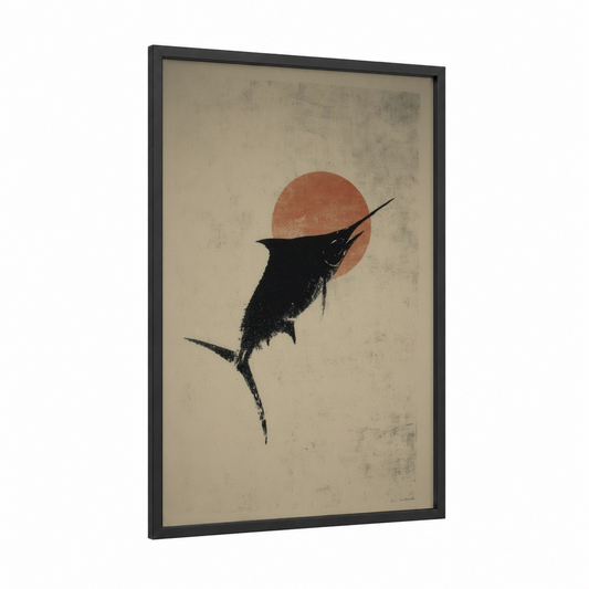 Leaping Marlin framed art print — black wood frame — cream and russet palette