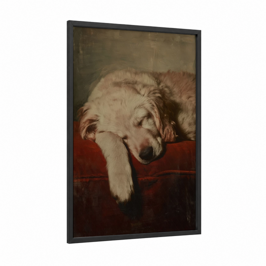 Resting Golden Retriever framed art print — black wood frame — gold and maroon palette