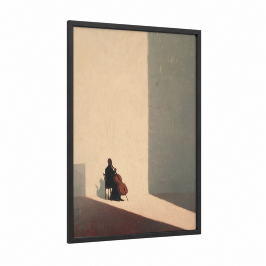 Solitary Cellist framed musician print — black wood frame — cream and dove gray palette