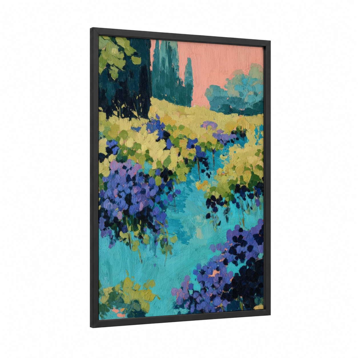 Purple Vineyard Landscape framed vineyards print — black wood frame — purple and teal palette