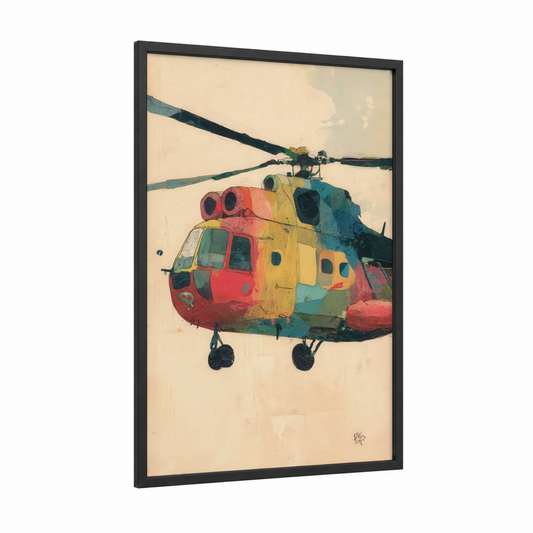 Colorful Helicopter framed art print — black wood frame — red and yellow palette