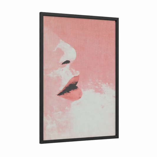 Blush Lip Portrait framed art print — black wood frame — pink and white palette