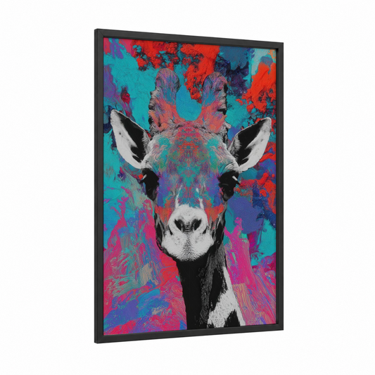 Neon Giraffe framed art print — black wood frame — magenta and turquoise palette