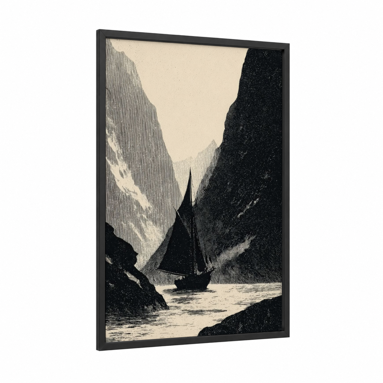 Canyon Sailing framed sailing ship print — black wood frame — black and white and cream palette