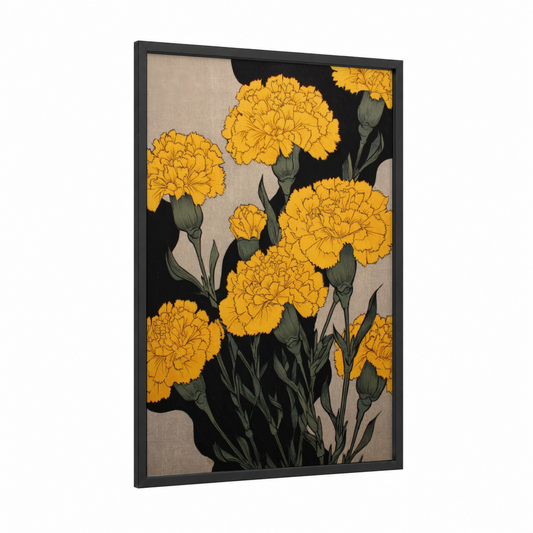 Golden Carnations framed art print — black wood frame — gold and black palette