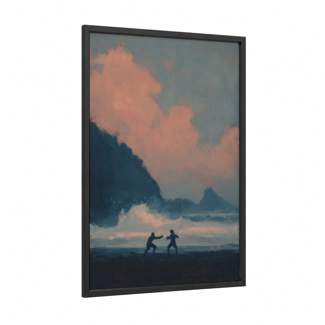 Sunset Sparring framed jiu jutsu print — black wood frame — salmon pink and dark blue palette