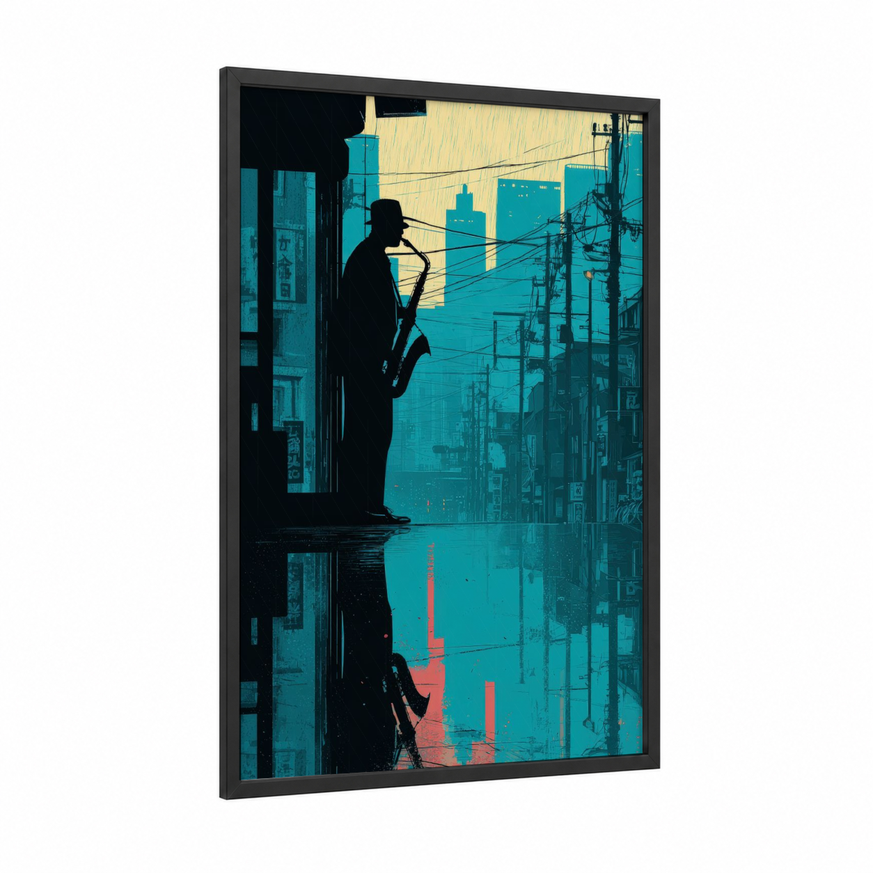 Urban Saxophonist framed musician print — black wood frame — teal and black and gold palette