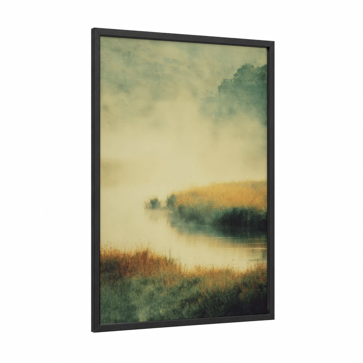 Misty Oasis framed art print — black wood frame — cream and sage green palette