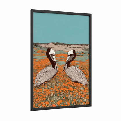 Desert Pelican Pair framed art print — black wood frame — orange and turquoise palette