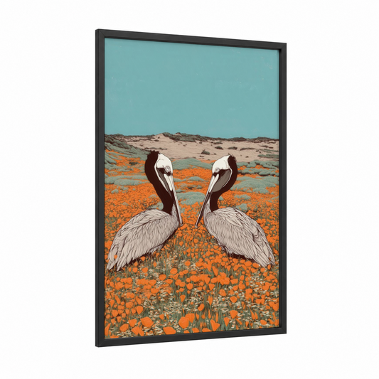 Desert Pelican Pair framed art print — black wood frame — orange and turquoise palette