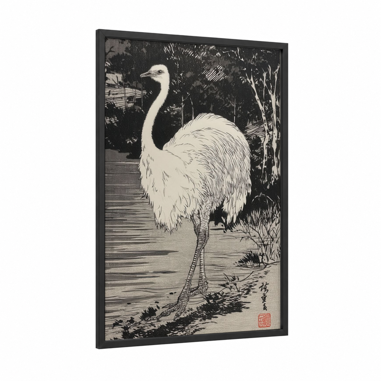 Lakeside Ostrich framed art print — black wood frame — black and white and gray palette