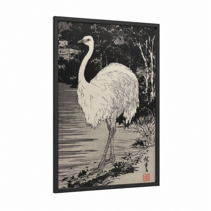 Lakeside Ostrich framed art print — black wood frame — black and white and gray palette
