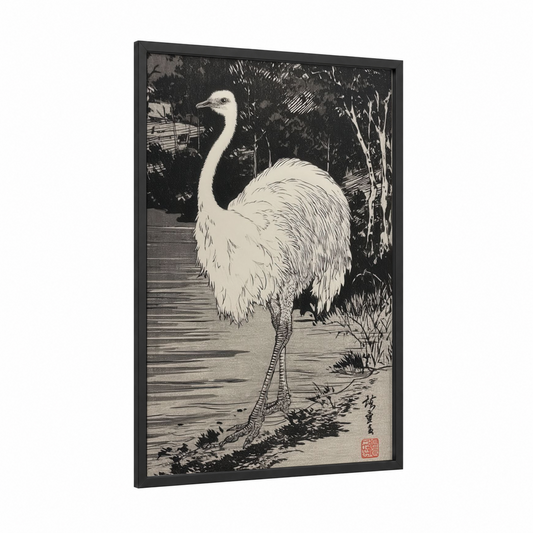 Lakeside Ostrich framed art print — black wood frame — black and white and gray palette