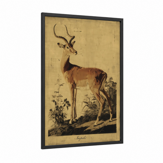 Impalai Antelope framed art print — black wood frame — gold and beige palette