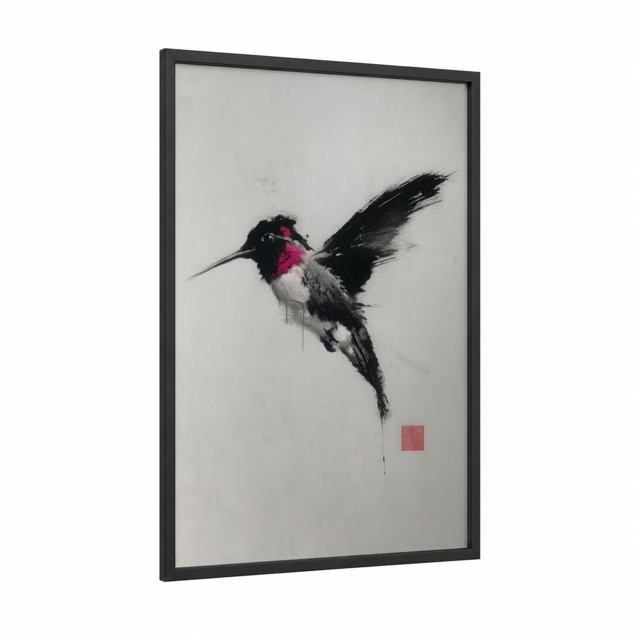 Magenta Hummingbird framed art print — black wood frame — magenta and black palette