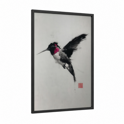 Magenta Hummingbird framed art print — black wood frame — magenta and black palette