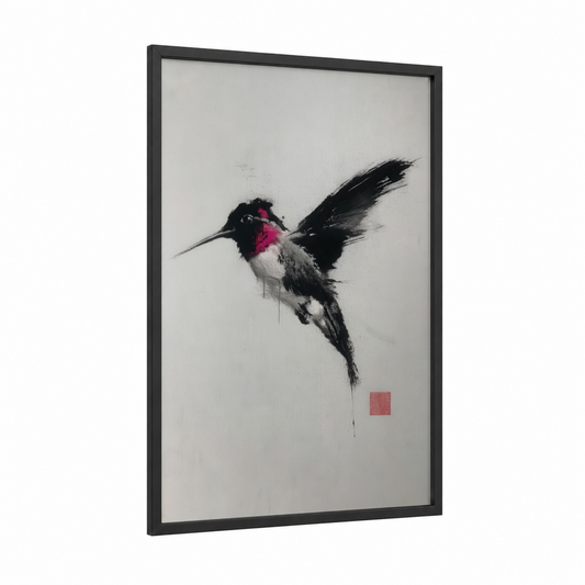 Magenta Hummingbird framed art print — black wood frame — magenta and black palette