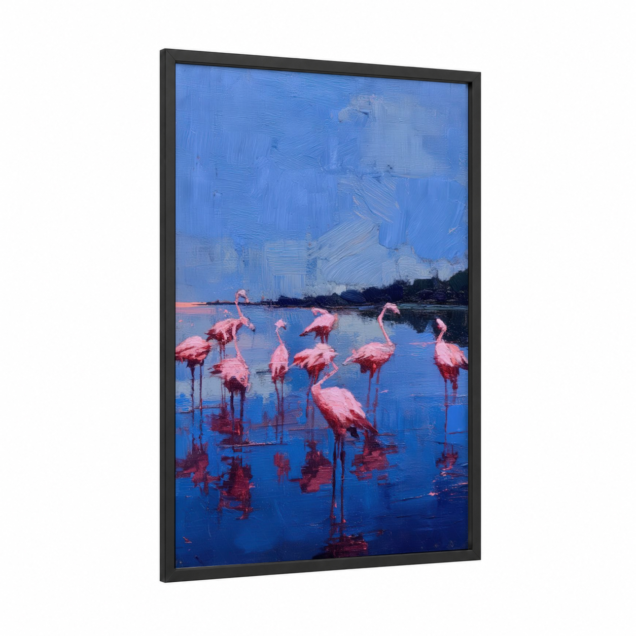 Twilight Flamingos framed art print — black wood frame — blue and salmon pink palette