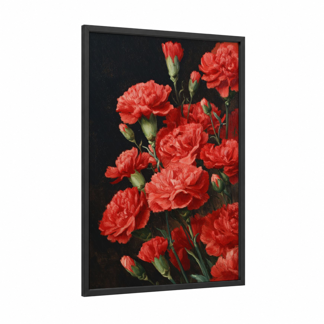 Crimson Carnations framed art print — black wood frame — red and black palette
