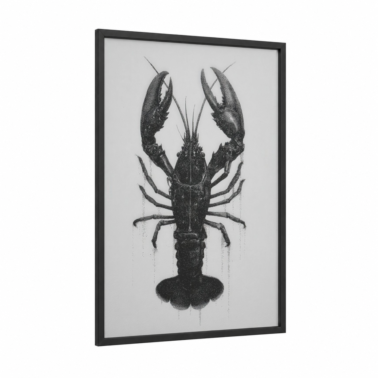 Stippled Crayfish framed art print — black wood frame — black and white palette