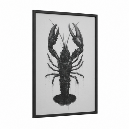 Stippled Crayfish framed art print — black wood frame — black and white palette