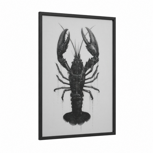 Stippled Crayfish framed art print — black wood frame — black and white palette