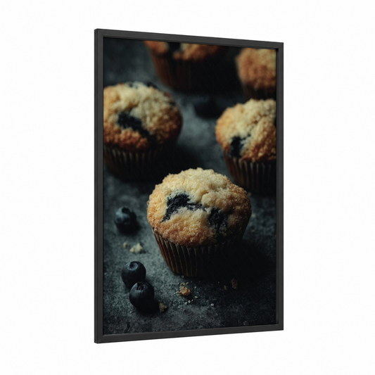 Blueberry Muffins framed baking print — black wood frame — gold and black palette