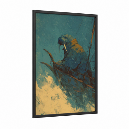 Arctic Walrus framed art print — black wood frame — teal and gold palette