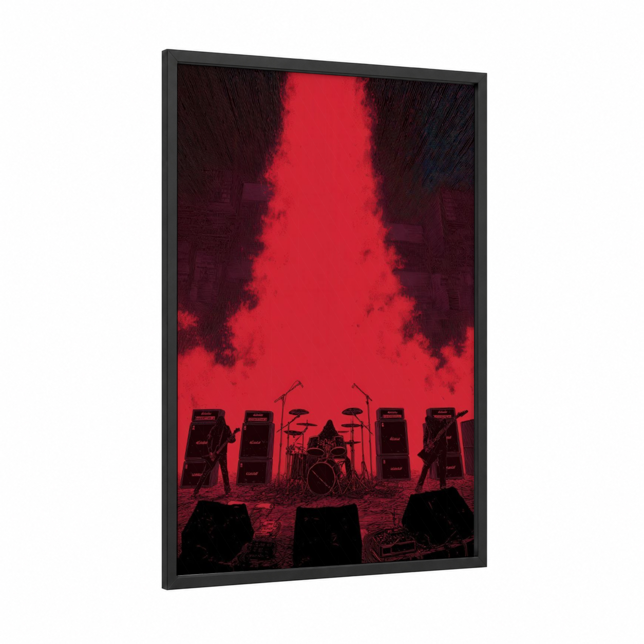 Crimson Stage Rebellion framed death metal print — black wood frame — red and black palette