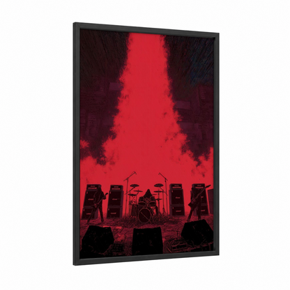 Crimson Stage Rebellion framed death metal print — black wood frame — red and black palette